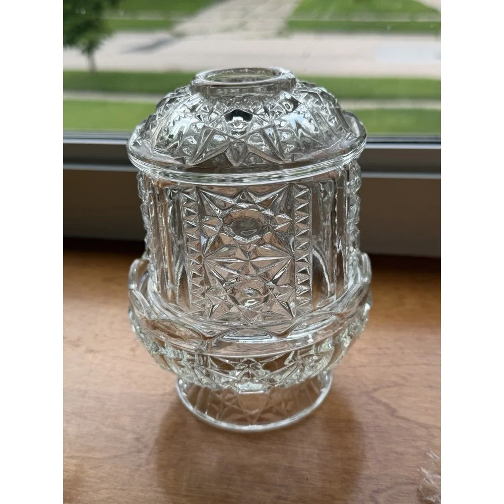 Vintage Indiana Glass Stars & Bars Clear Fairy Lamp Candle Holder MCM 6.5